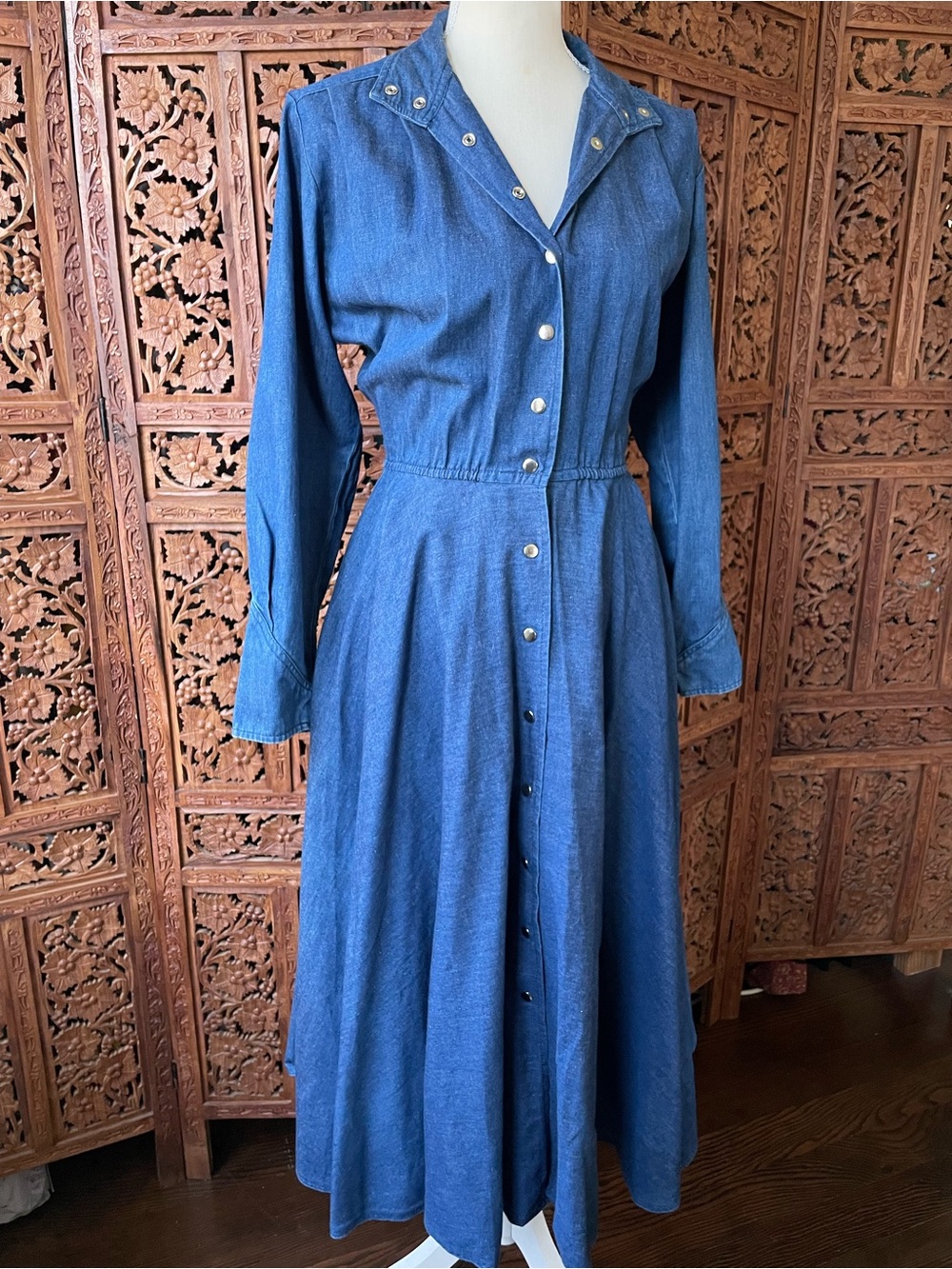American Vintage Western Denim Jean Button-Front Midi Maxi Dress - Picture 15 of 16